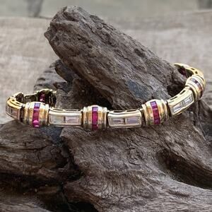 Dee Berkley Gold Plated over Sterling Silver, Ruby & CZ Tennis Bracelet Vintage